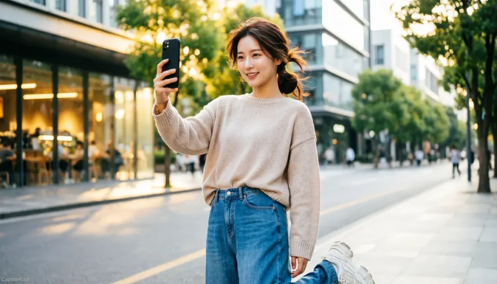 Young woman smiling while taking a stylish mirror selfie in a bright modern bedroom.