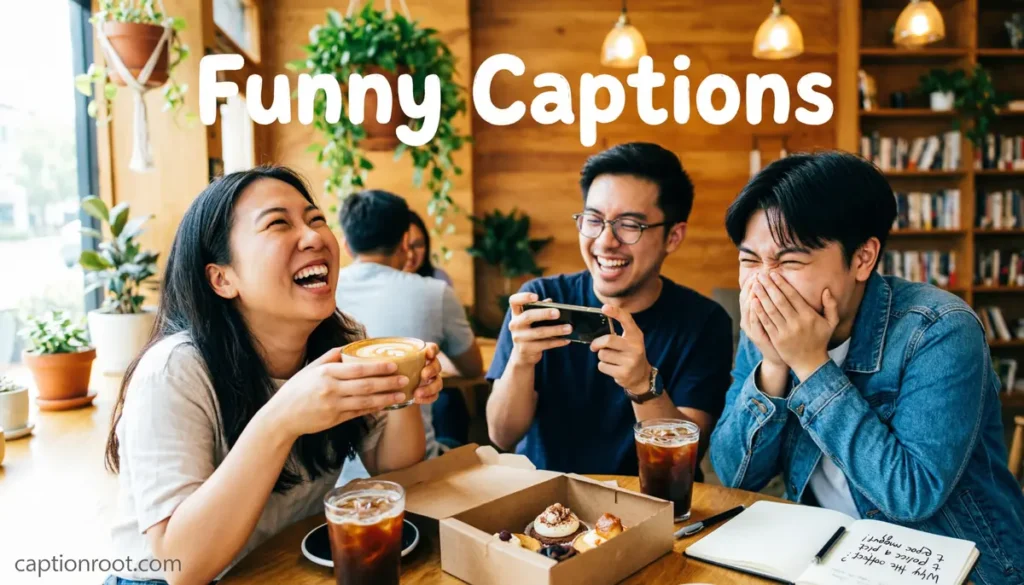 Person laughing while posing playfully with friends at a café.