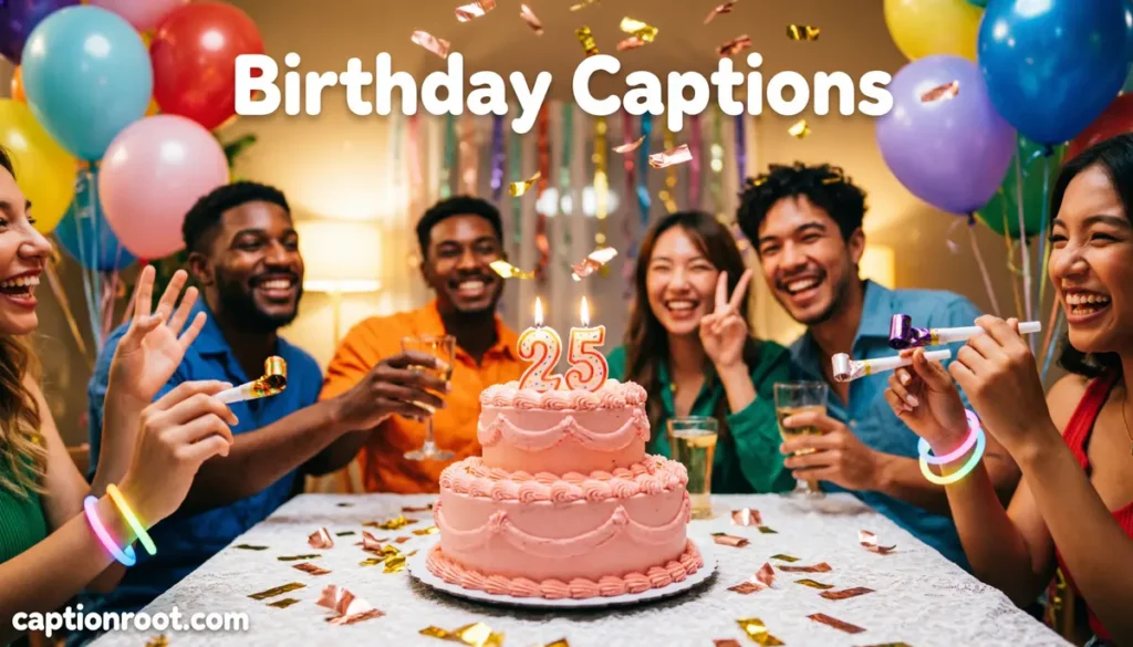 Person celebrating birthday with cake, balloons, and smiling friends.