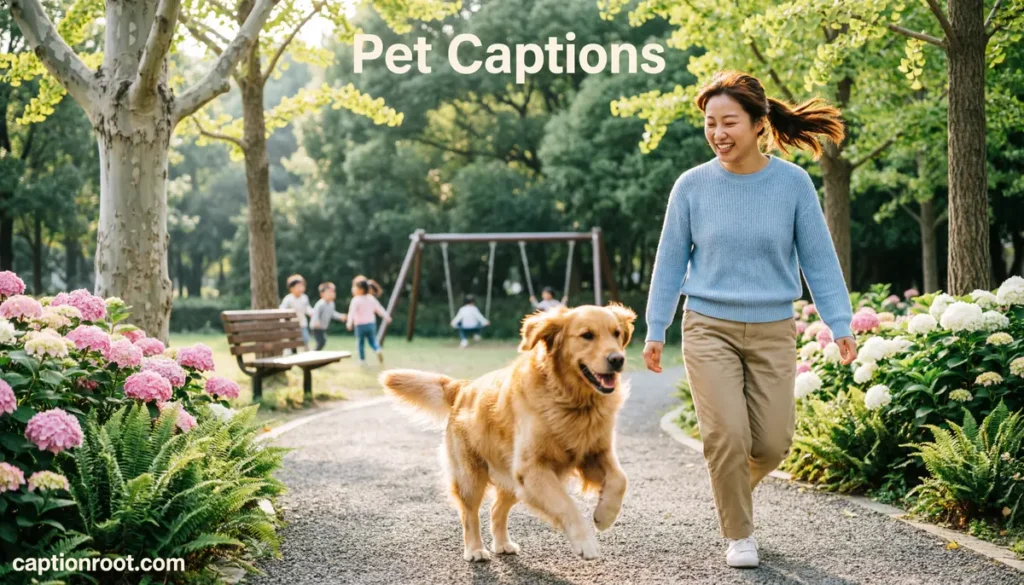 Happy dog running beside its owner in a green park.
