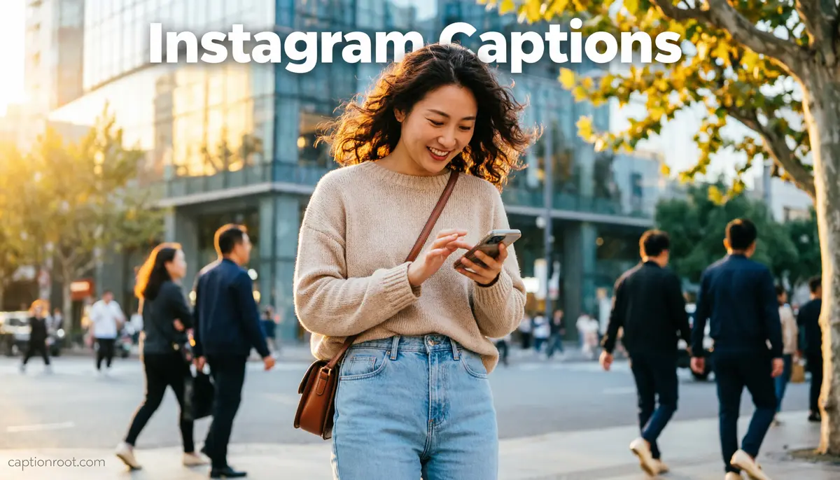 Young creator taking an Instagram photo while choosing the perfect caption outdoors.