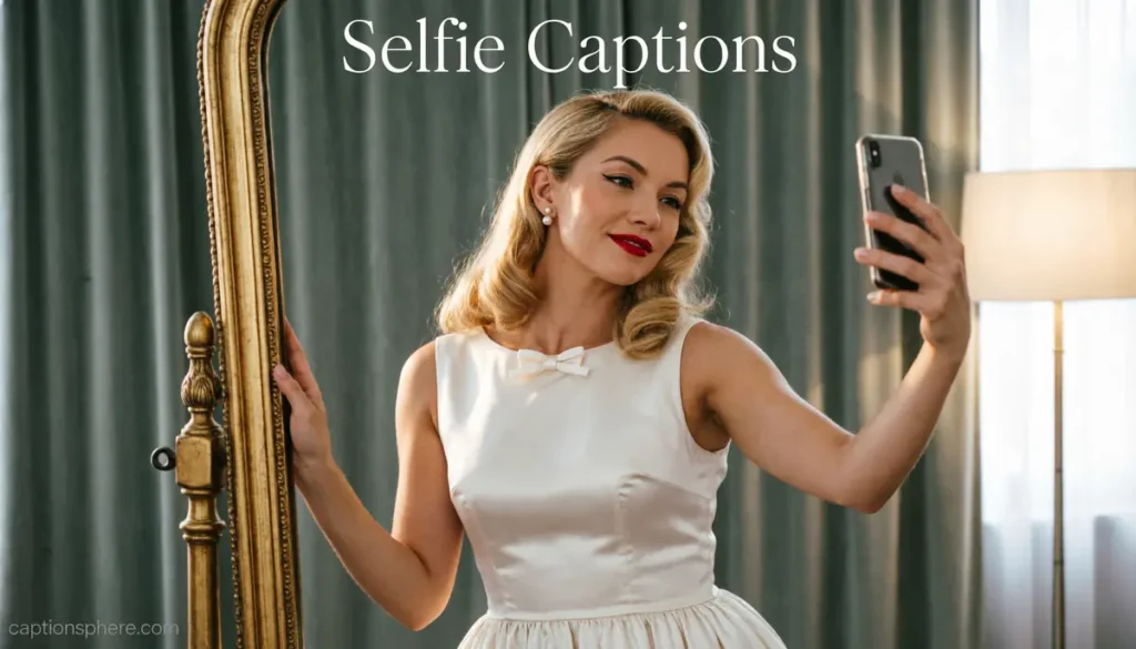 Woman taking a stylish mirror selfie in vintage-inspired fashion.