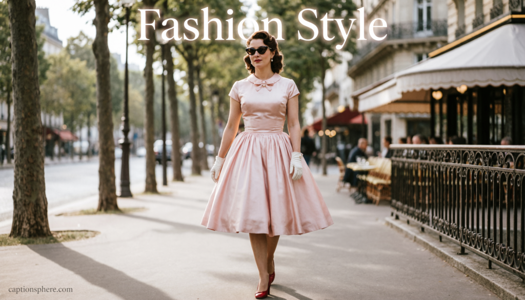 Woman wearing elegant vintage dress while walking confidently outdoors.