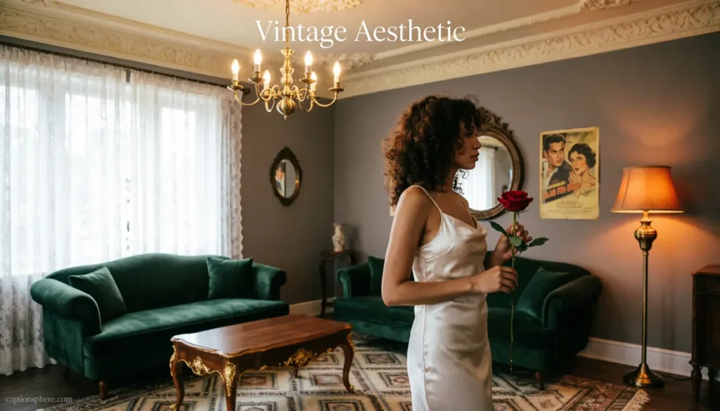 Woman surrounded by elegant vintage décor and soft lighting.