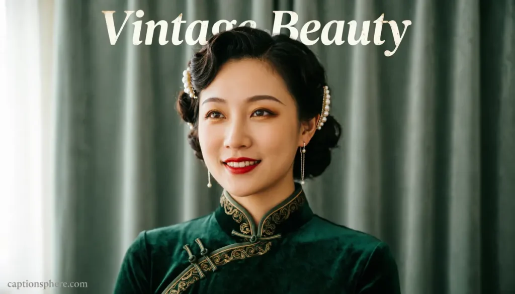 Woman with vintage hairstyle smiling gracefully in natural light.