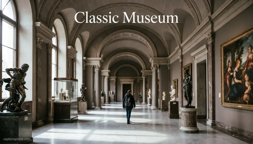 Visitor walking through a grand historic museum corridor.
