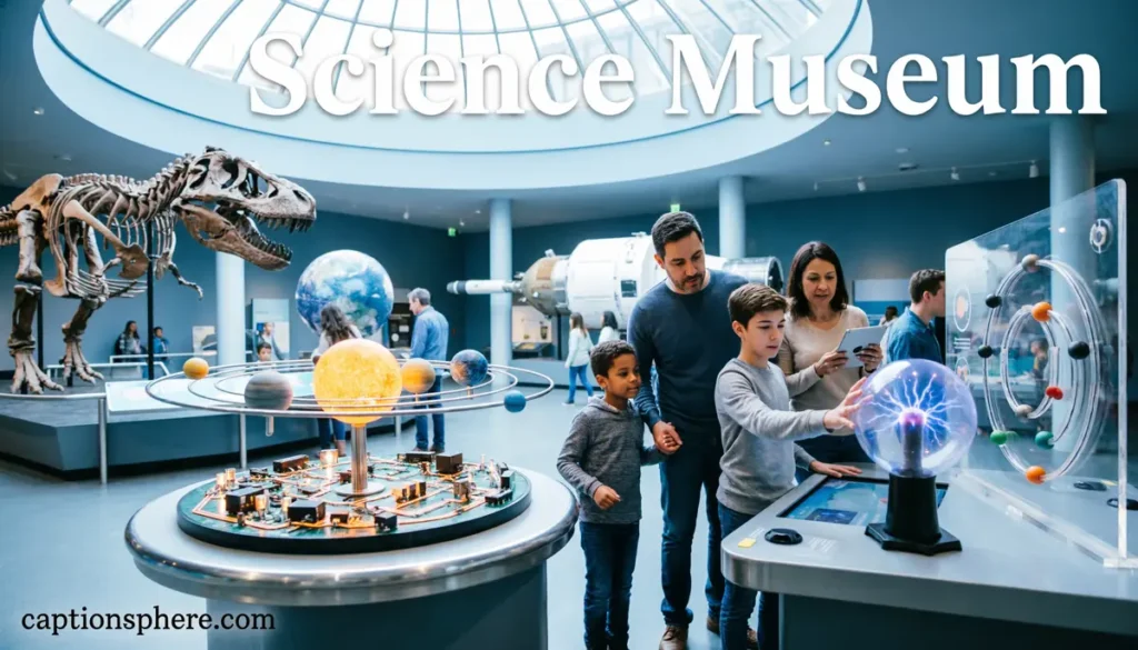 Family exploring interactive science exhibits together.