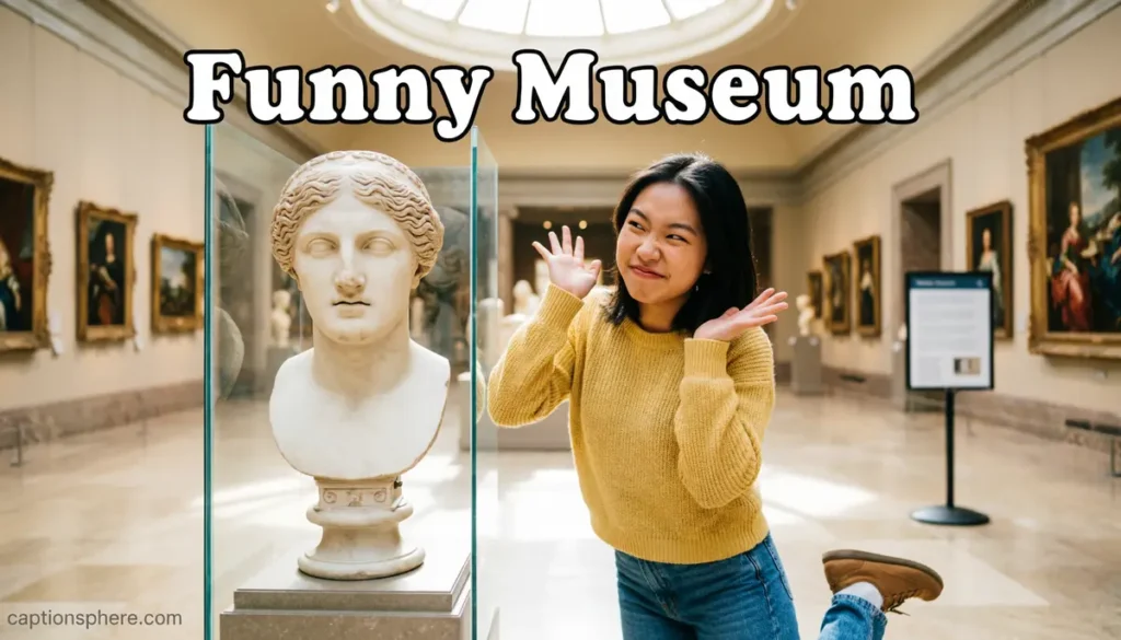 Visitor making a funny pose beside museum exhibits.
