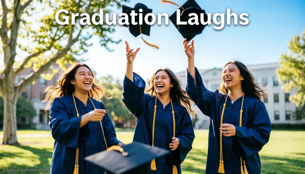 Graduates laughing together while tossing caps outdoors.