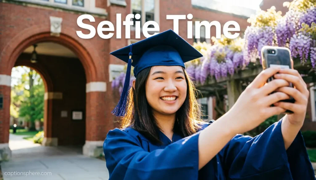 Graduate taking selfie in cap and gown.