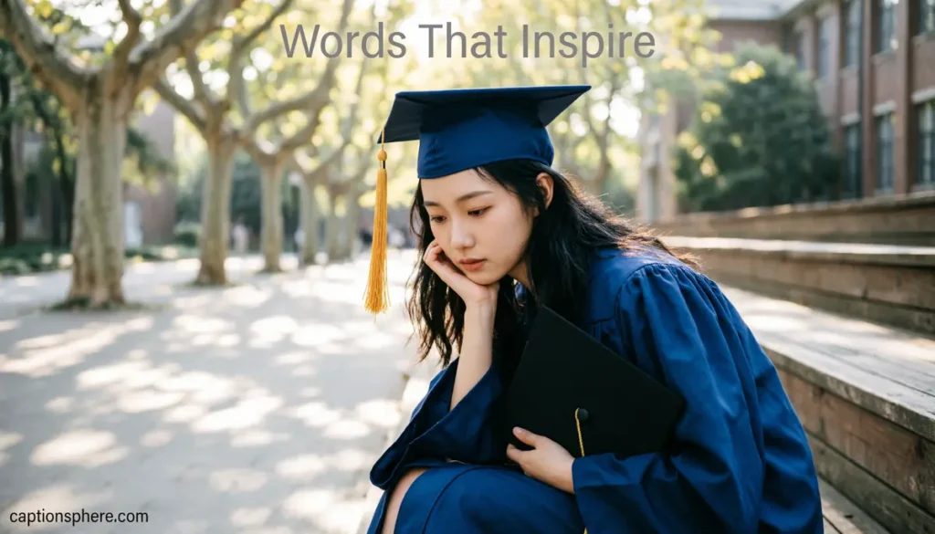 Graduate reflecting while holding graduation cap.