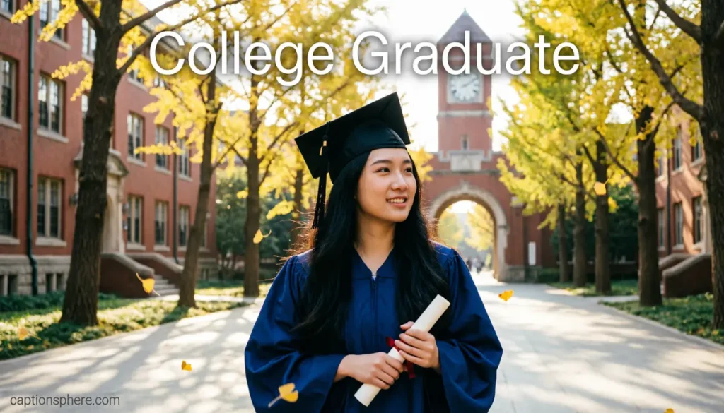College graduate walking across campus after ceremony.
