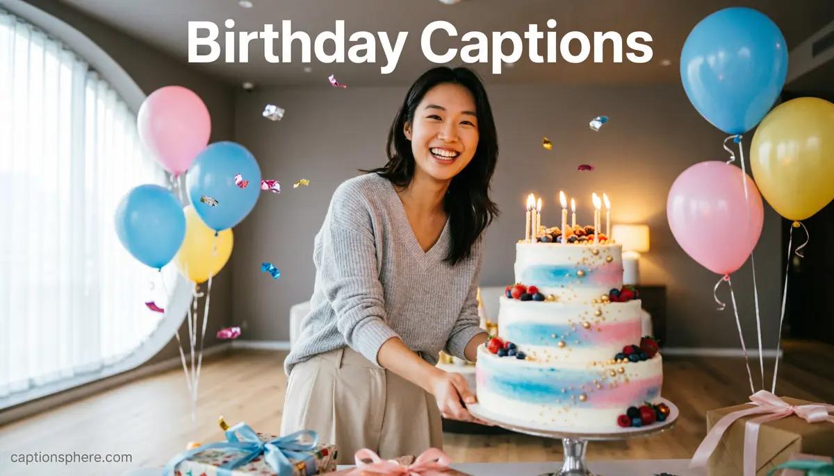 Young woman smiling beside a decorated birthday cake with balloons and party decorations.