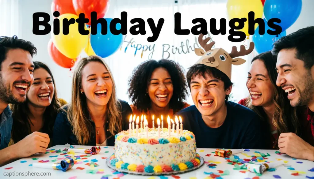 Friends laughing together during a birthday party with balloons and cake.