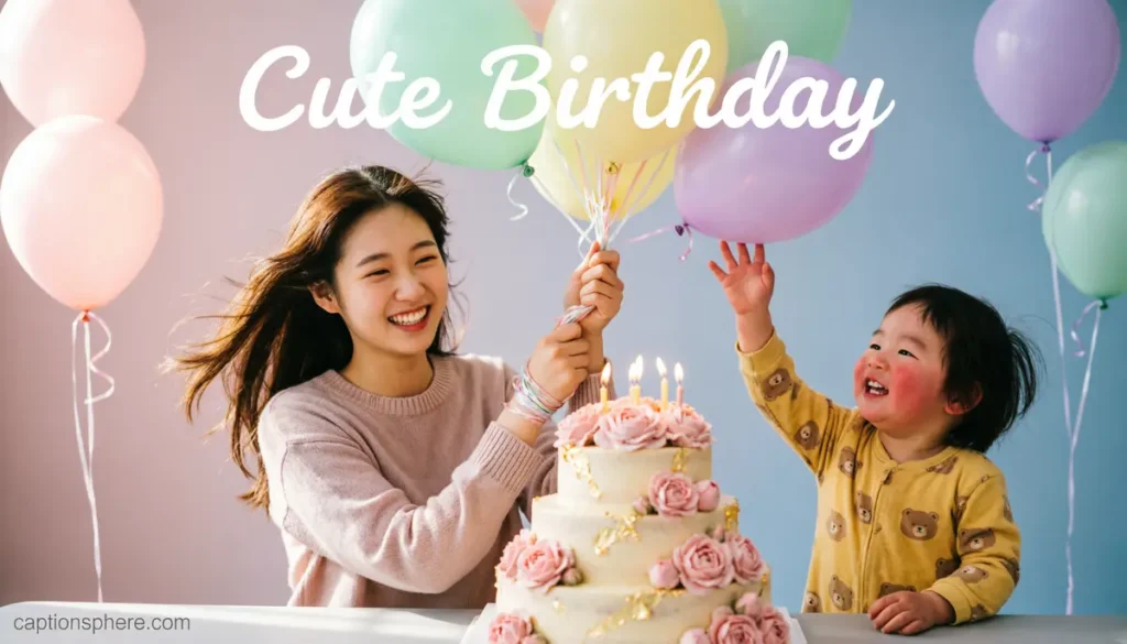 Person holding colorful balloons while smiling during a birthday celebration.