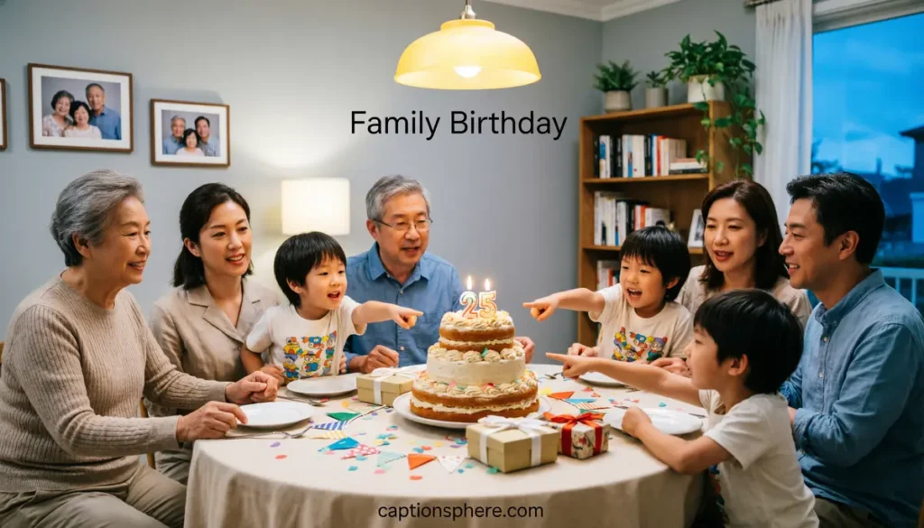 Happy family gathered around a birthday cake inside a cozy home.