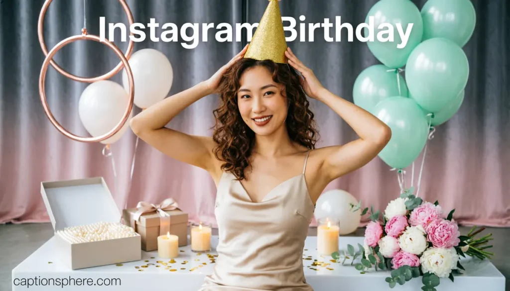 Person posing for a stylish birthday photo with colorful decorations.
