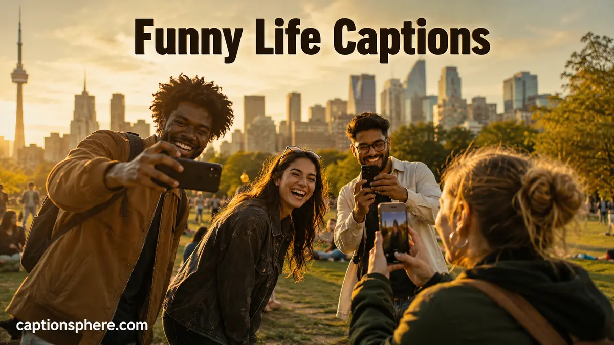 Young adults laughing together while taking casual photos in a city park.