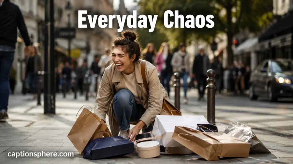 Person laughing after dropping shopping bags on a busy sidewalk.
