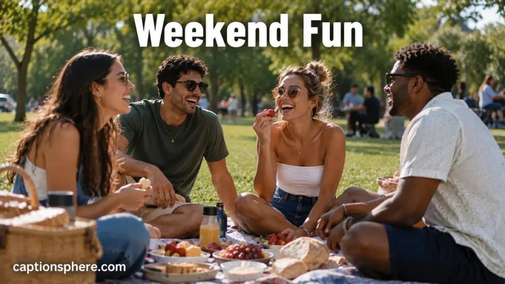 Friends enjoying a sunny weekend picnic in a public park.