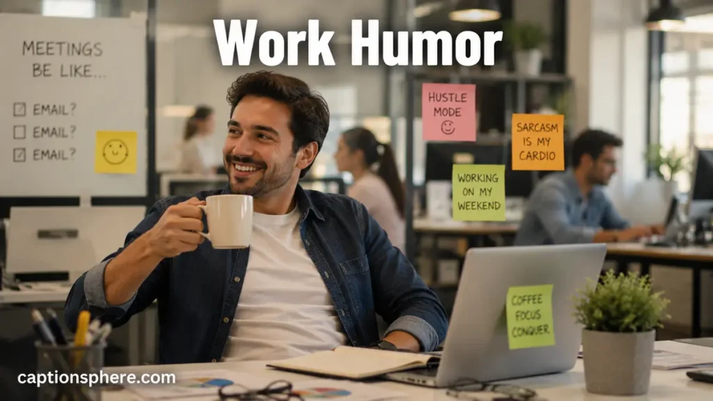 Office worker smiling while drinking coffee at a desk.