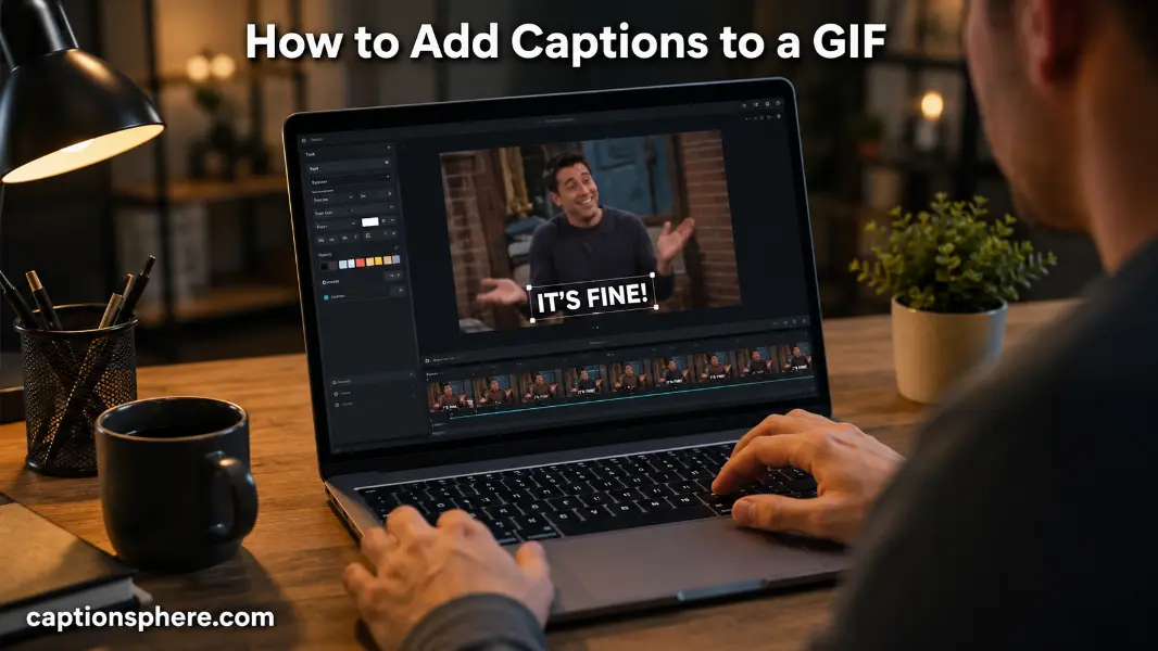 Person editing a looping GIF with text overlay on a laptop screen.
