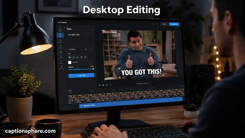 Computer monitor showing a GIF editor with caption tools.