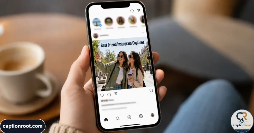 Person holding a smartphone displaying a best friend Instagram captions post.