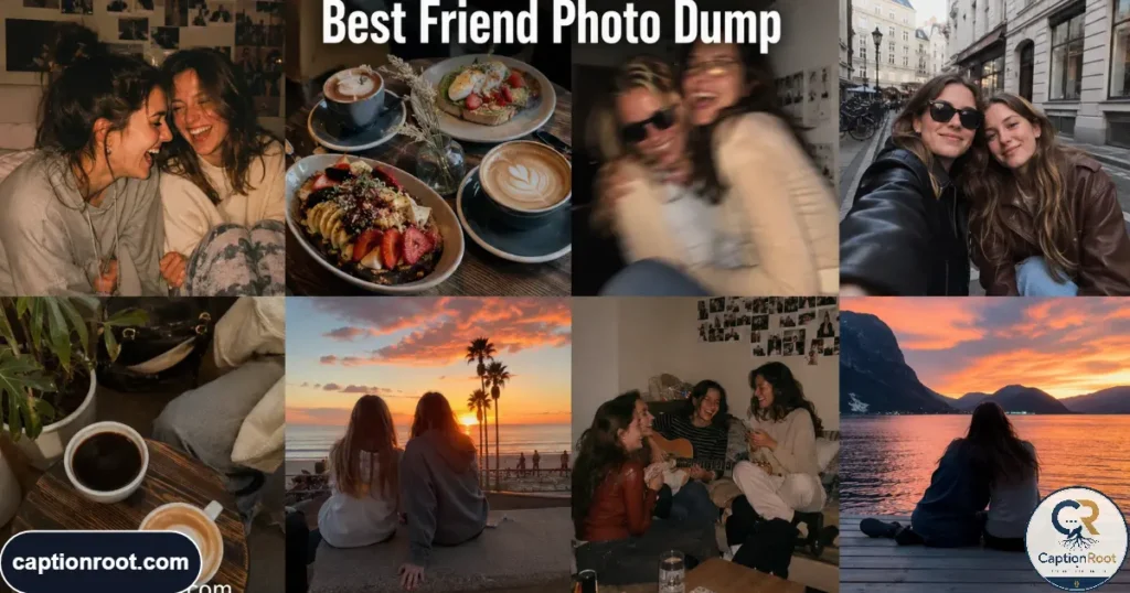 Collage of friends, food, selfies, streets, coffee, and sunset snapshots.
