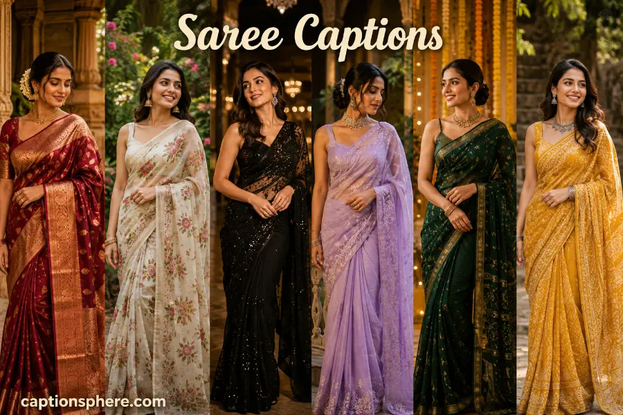 Woman wearing a stylish traditional saree while smiling outdoors during golden hour.