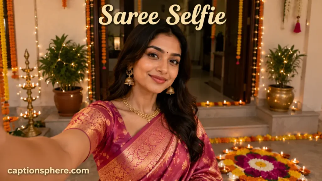Woman taking a stylish mirror selfie while wearing a saree.