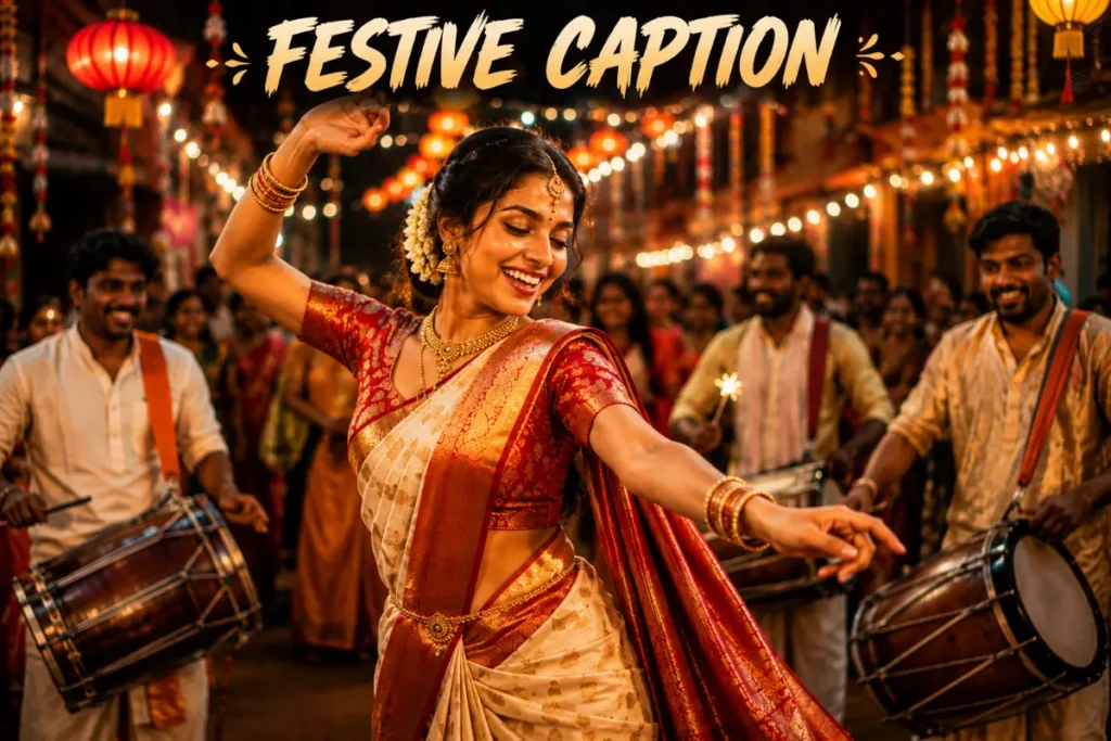 Woman celebrating a colorful festival while wearing a vibrant saree.