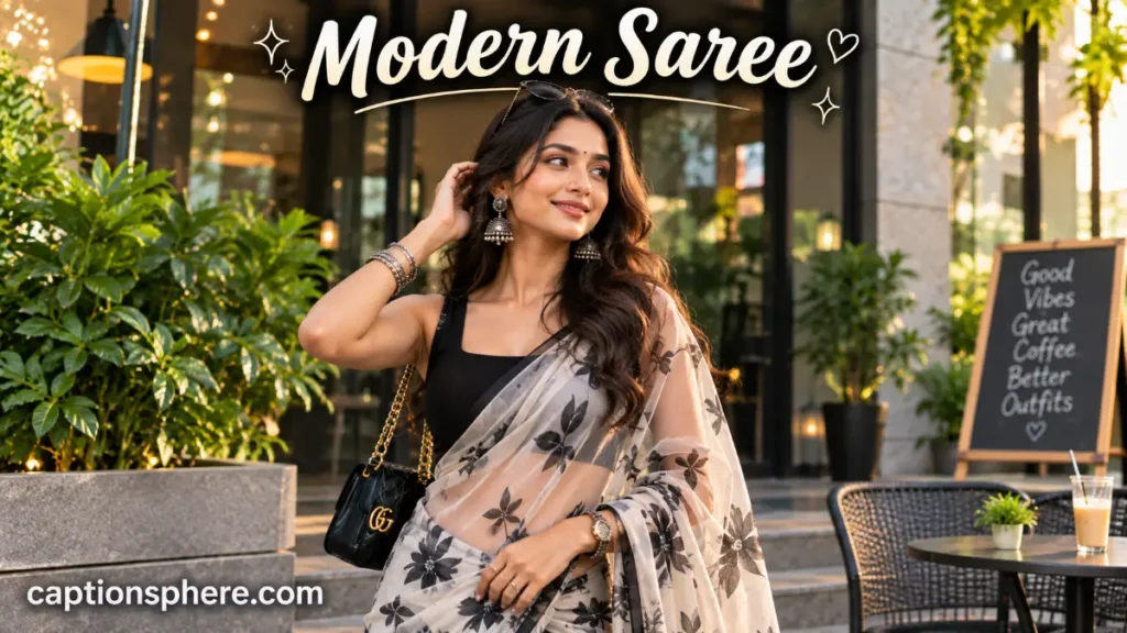 Woman wearing a contemporary saree with fashionable accessories.
