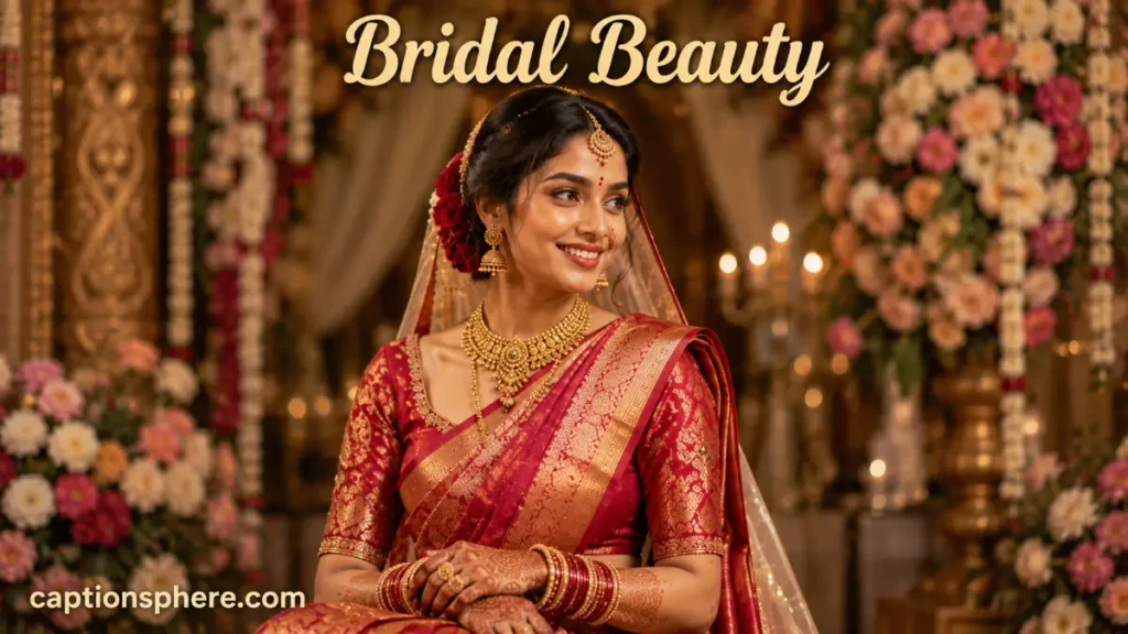 Bride smiling while wearing a traditional bridal saree.