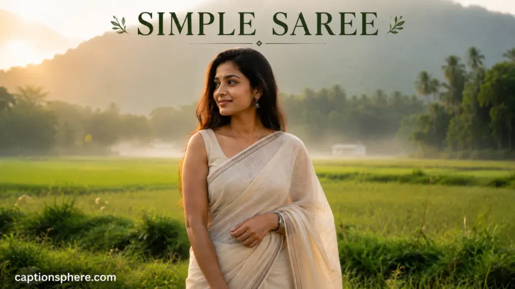 Woman wearing a simple cotton saree in a peaceful outdoor setting.