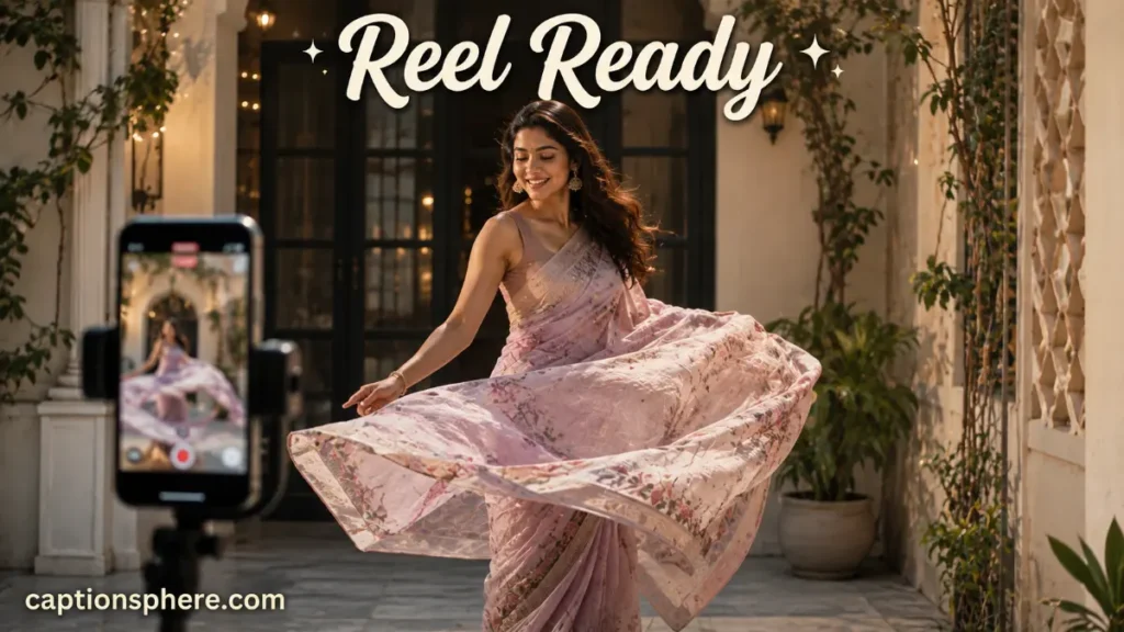 Woman twirling gracefully in a saree during a video recording.