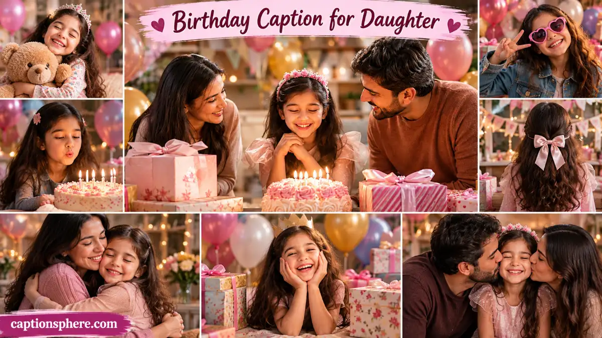 Happy daughter celebrating her birthday with parents, cake, gifts, balloons, hugs, and joyful family moments.
