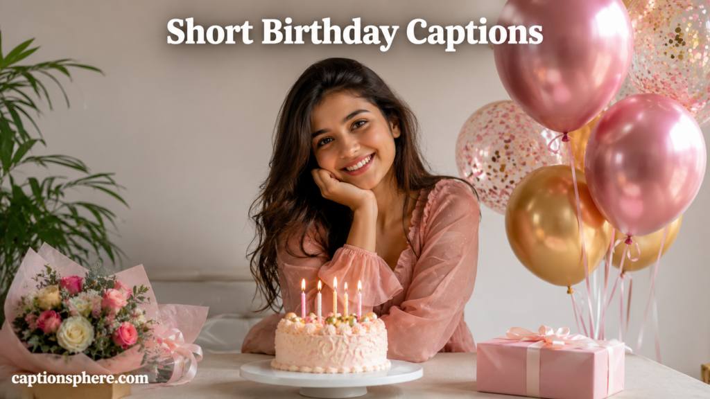 Young woman smiling beside a small birthday cake and colorful balloons.