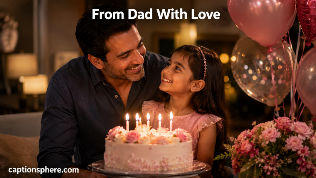Father smiling with his daughter beside her birthday cake and balloons.