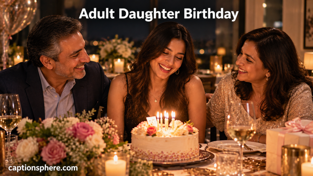 Adult daughter celebrating her birthday with parents during an elegant family dinner.