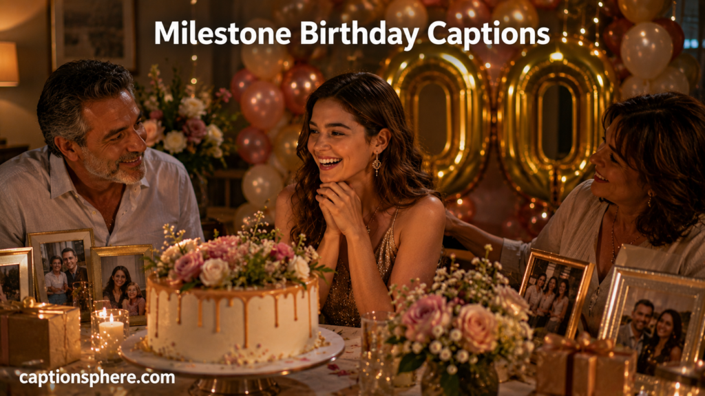 Daughter celebrating a milestone birthday beside number decorations and a festive cake.