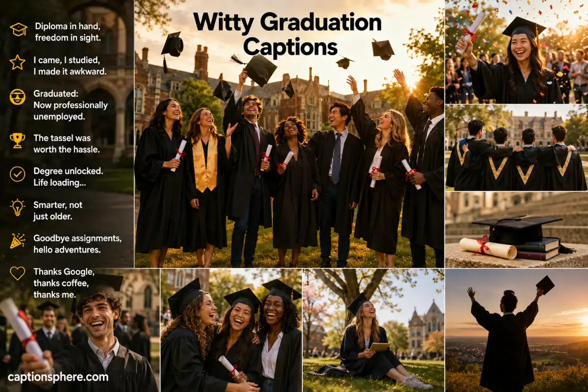 Graduating seniors celebrating together with caps and diplomas on a university campus.