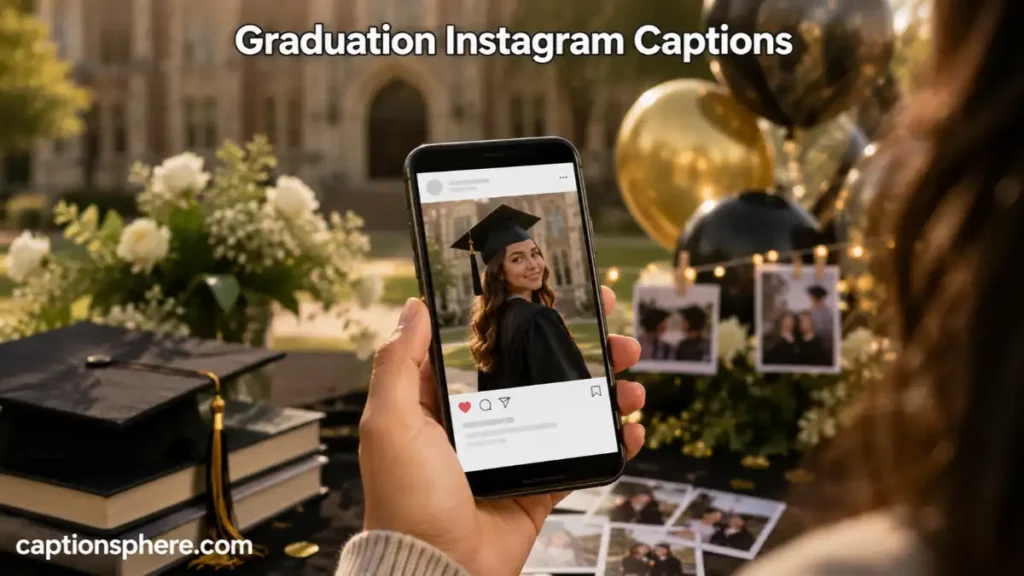 Hand holding a smartphone showing a graduation portrait beside campus decorations.