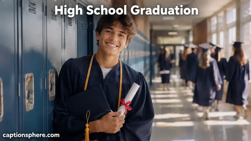 High school graduate standing beside lockers while holding a cap and diploma.