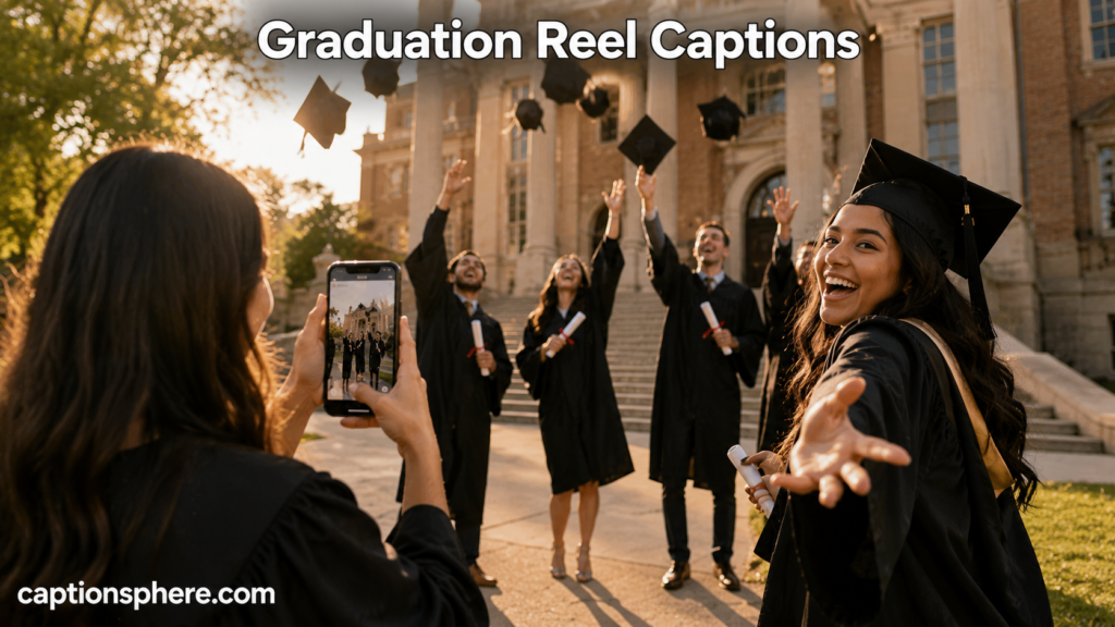 Graduate recording a celebratory cap toss video with friends outside a campus building.