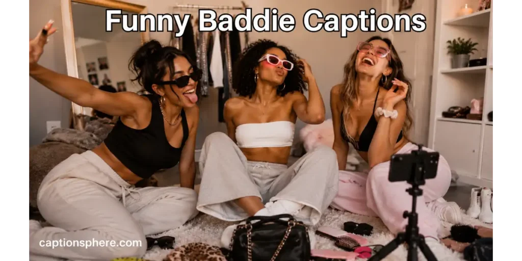 Friends laughing while attempting glamorous poses during a playful indoor photo session.