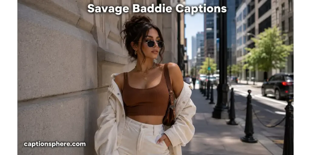 Confident woman in a bold outfit standing along a modern downtown street.
