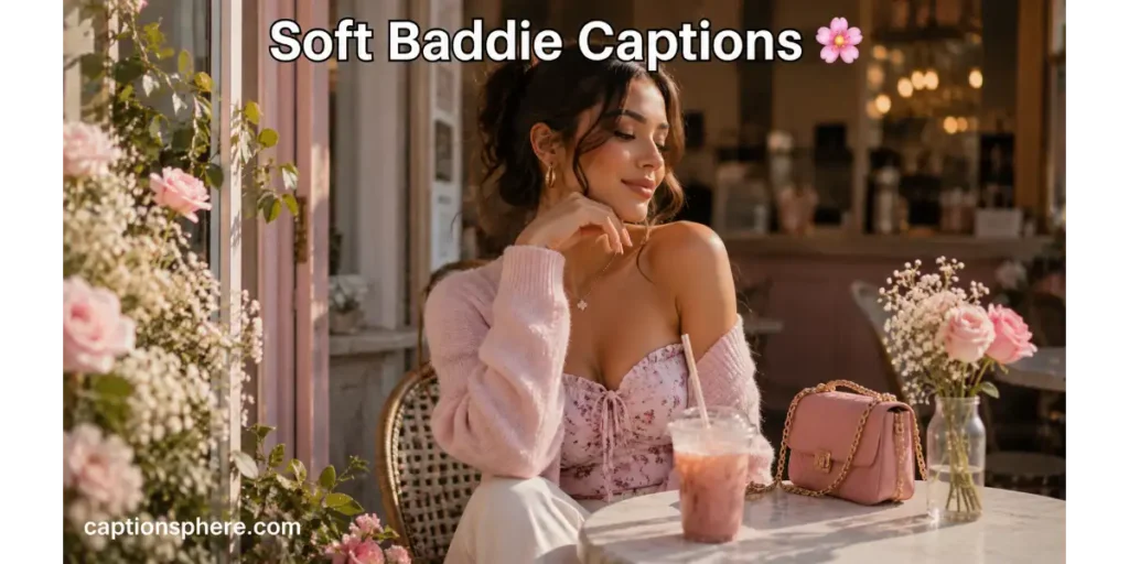 Stylish woman in a pastel outfit sitting beside flowers at a bright café.