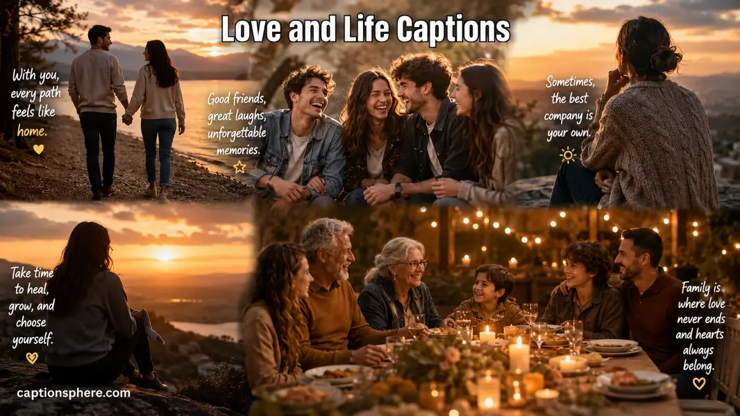 Cinematic collage showing a couple, friends, peaceful reflection, and a family gathering with love and life captions.