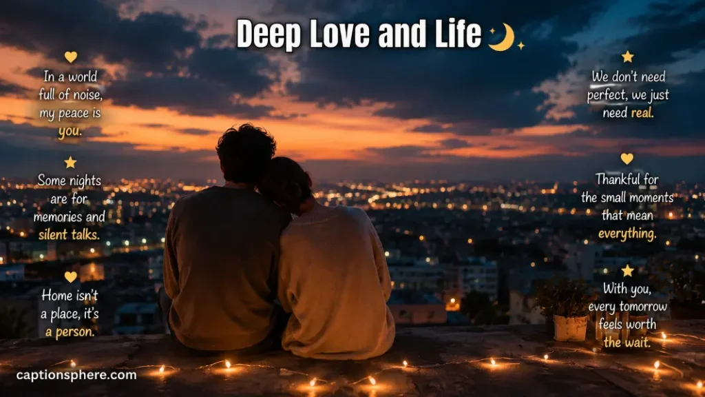 Couple sitting together beneath evening lights overlooking a distant city.